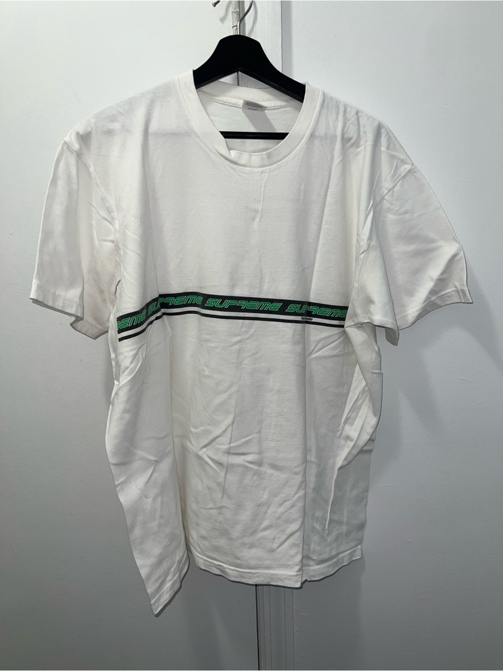 Supreme White Short Sleeve Tee with Green & Black Logo Stripe